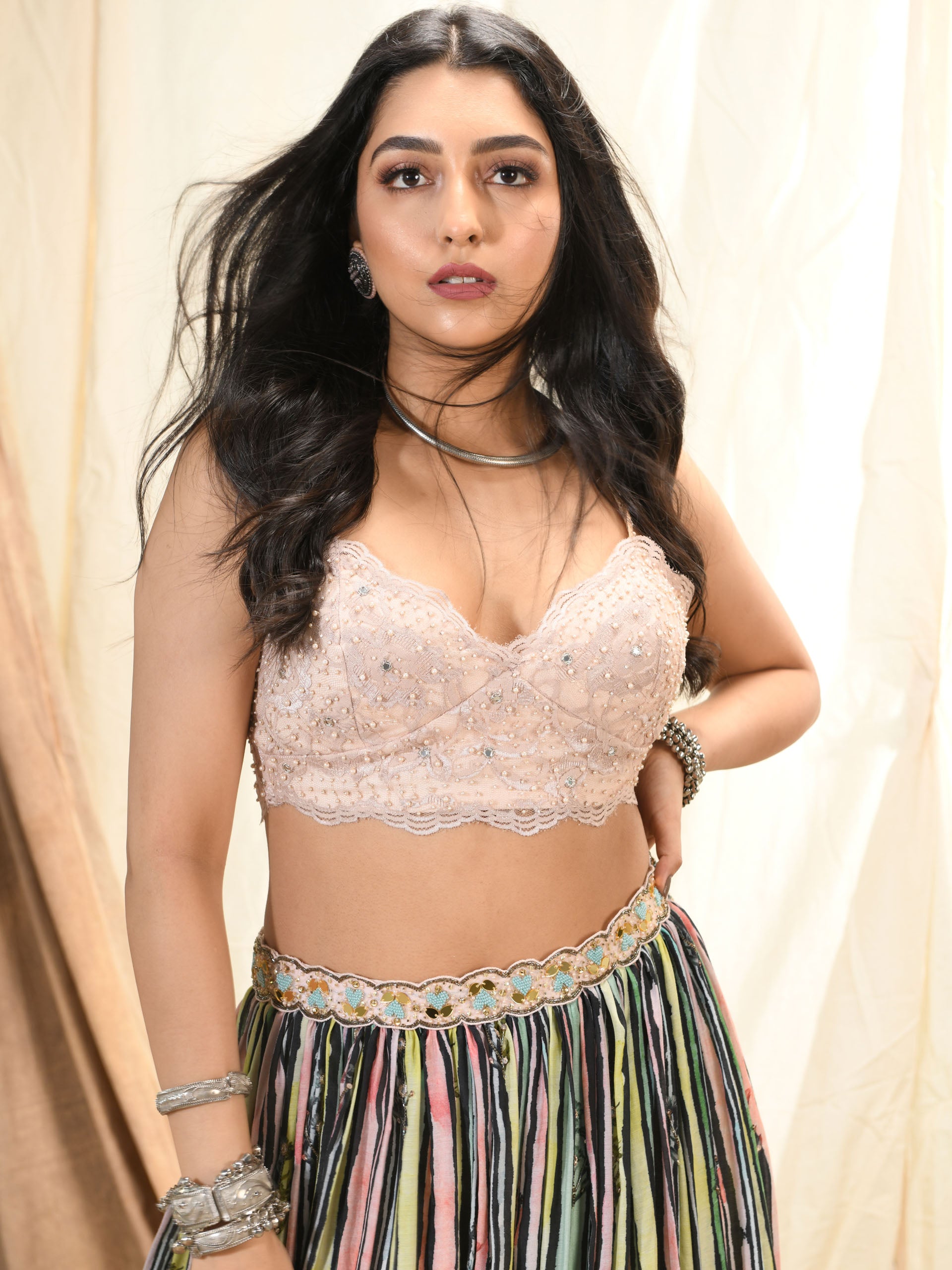 Multicolor Stripe Print Lehenga Set With Cape image 5