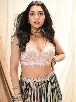 Multicolor Stripe Print Lehenga Set With Cape image 5