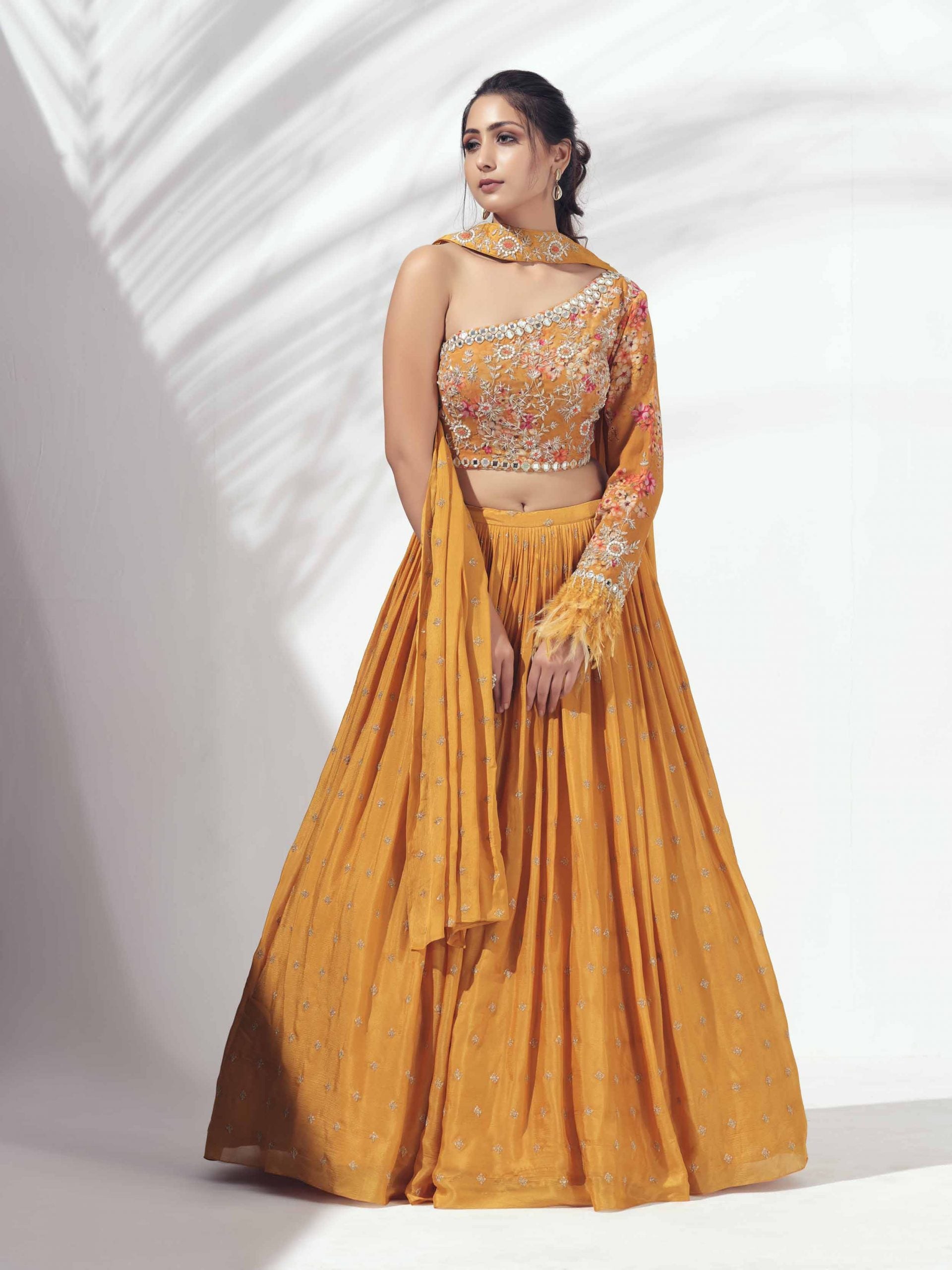 Mustard Lehenga with One Shoulder Blouse - L image