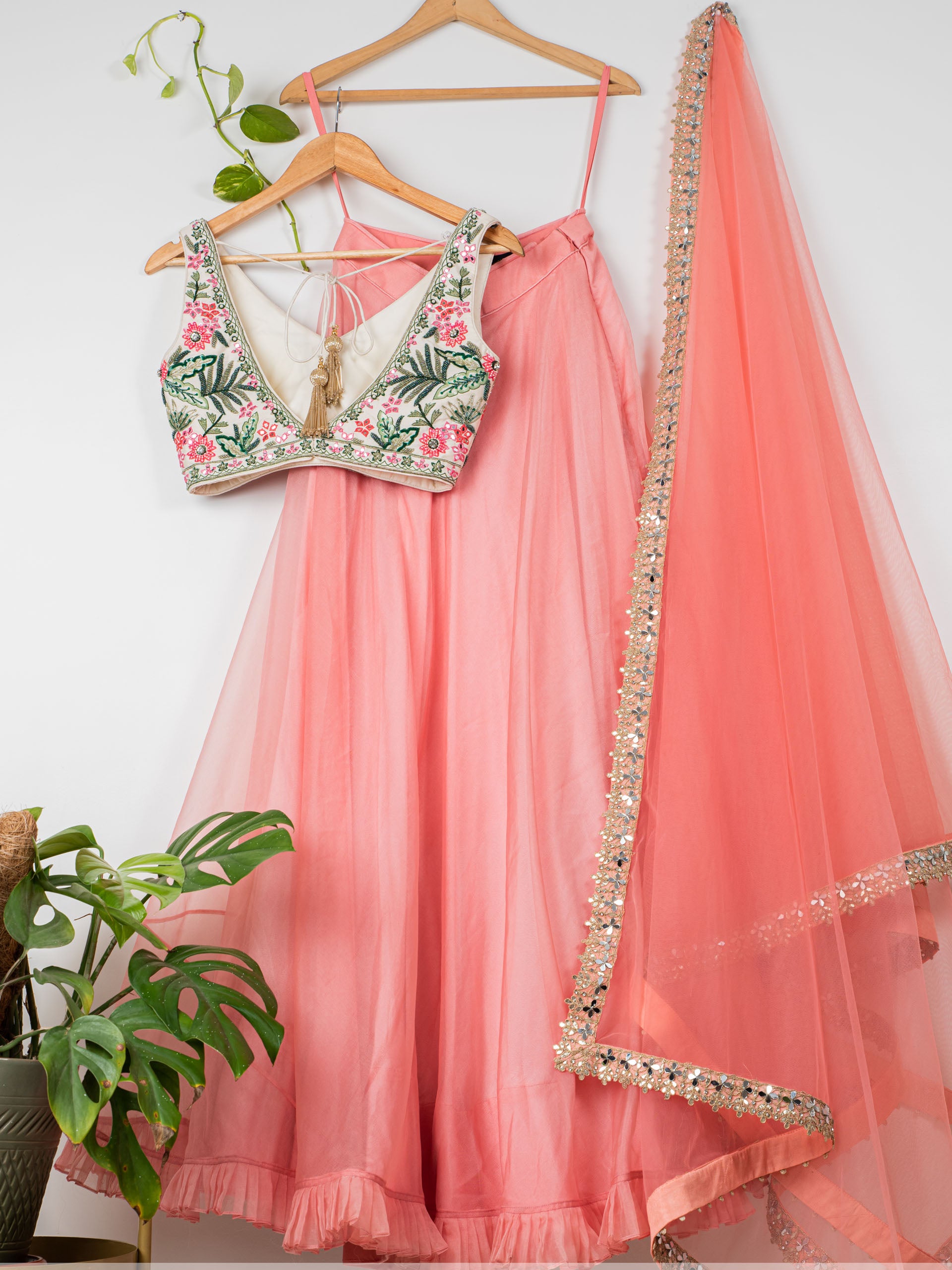 Watermelon Pink Tropical Lehenga Set image 1