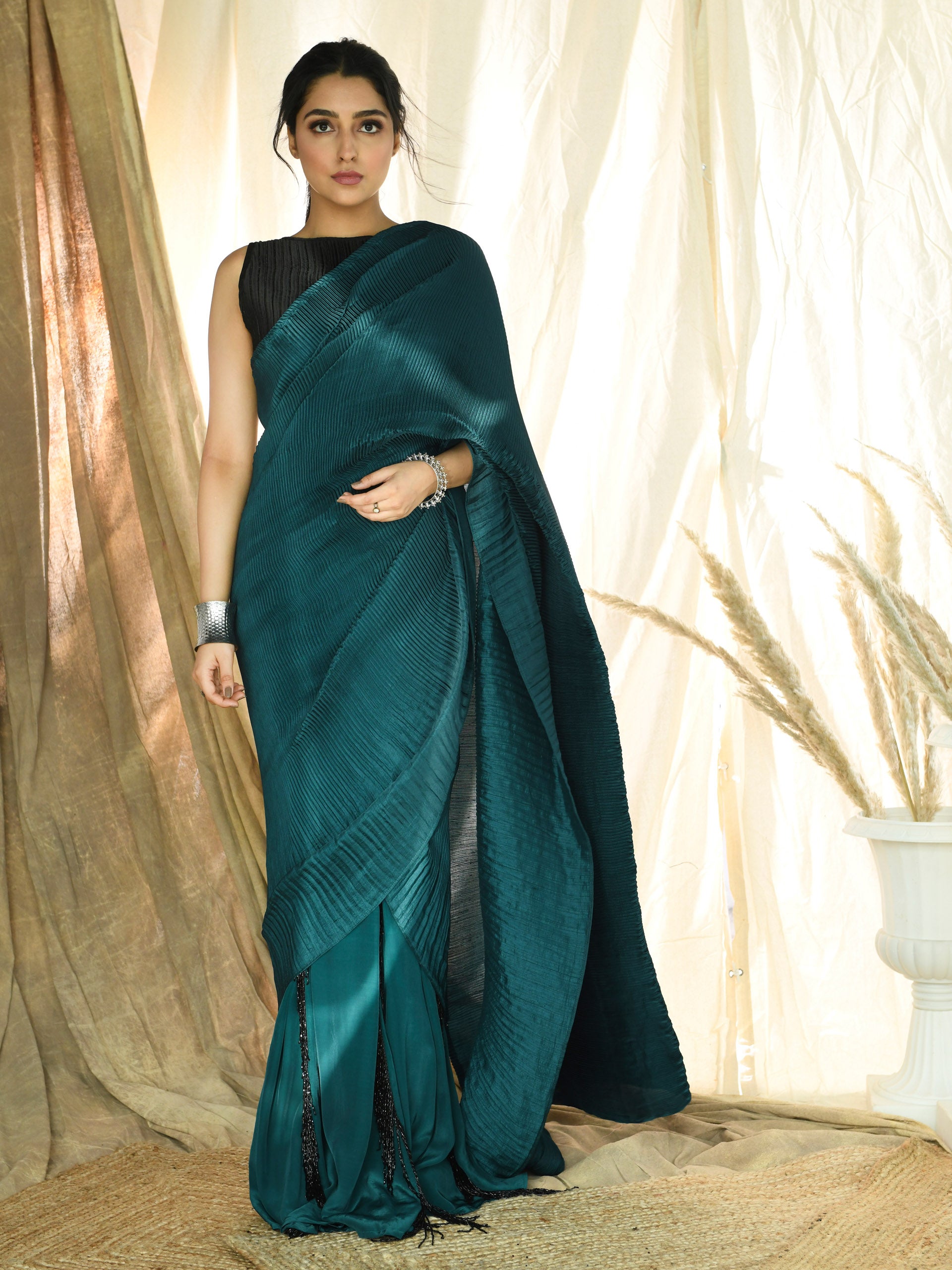 Teal Green Fringe Saree Set image 0