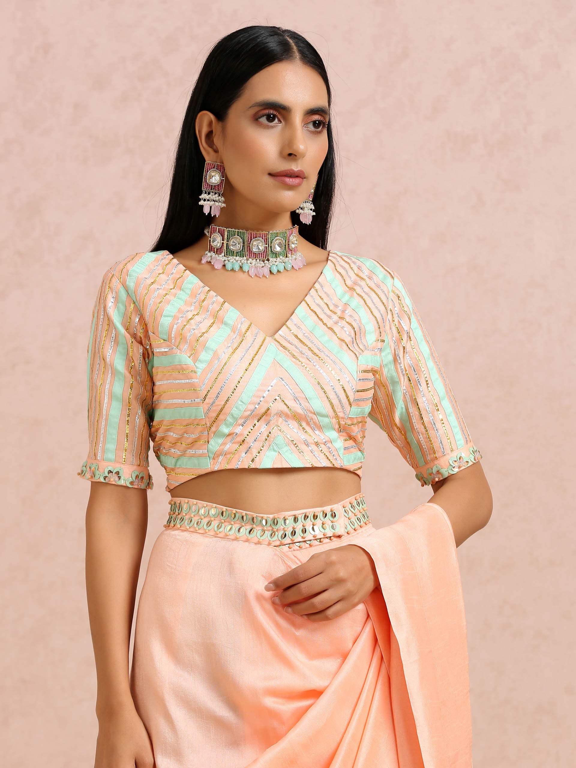 Peach and Mint Pre Draped Saree Set image 6