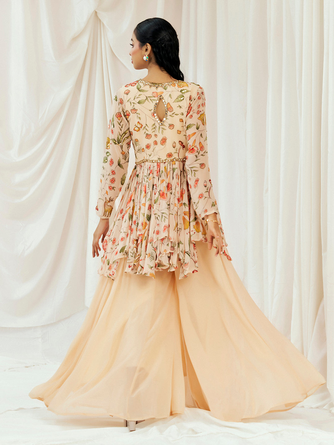 Floral White Printed Embroidered Peplum Sharara Set image 1