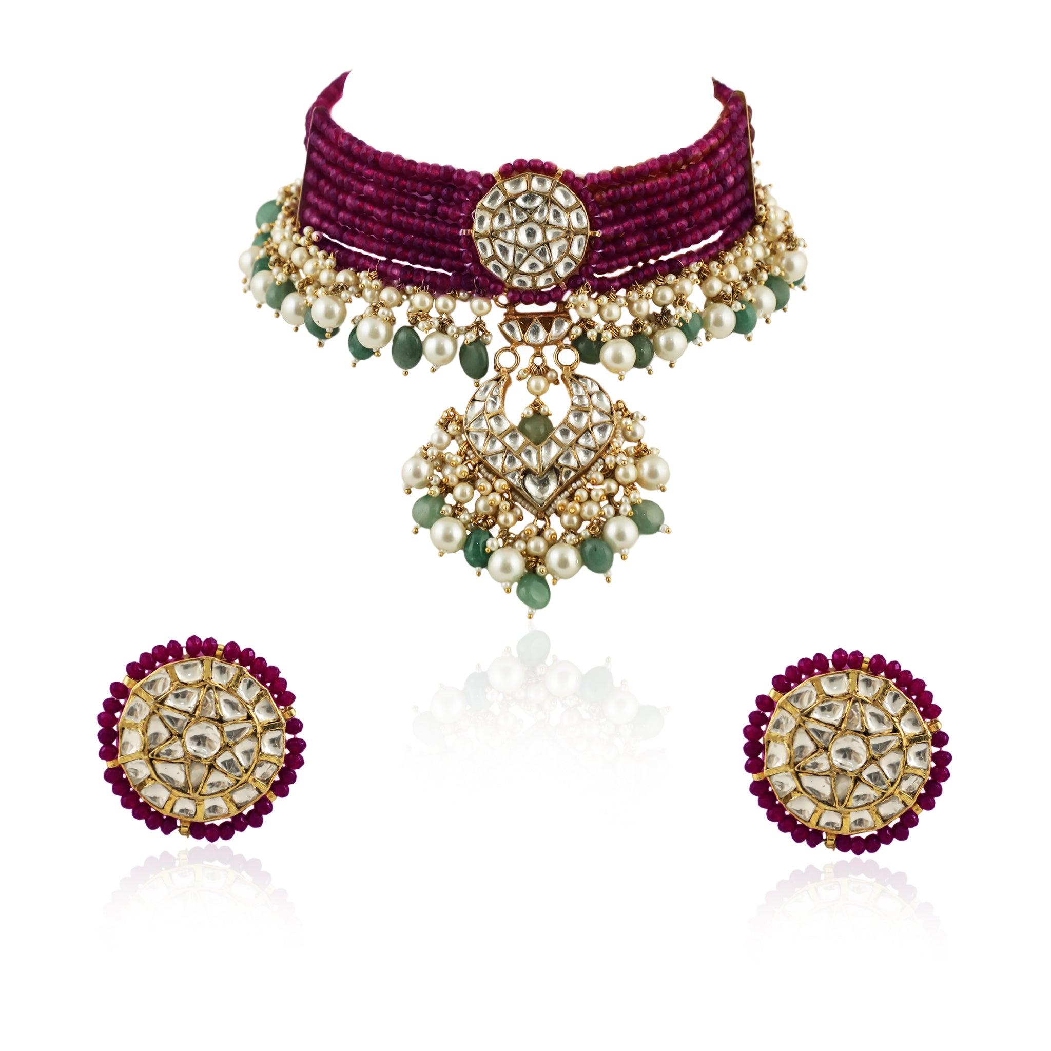 22KT Gold Plated Maroon Choker Necklace Set image 0