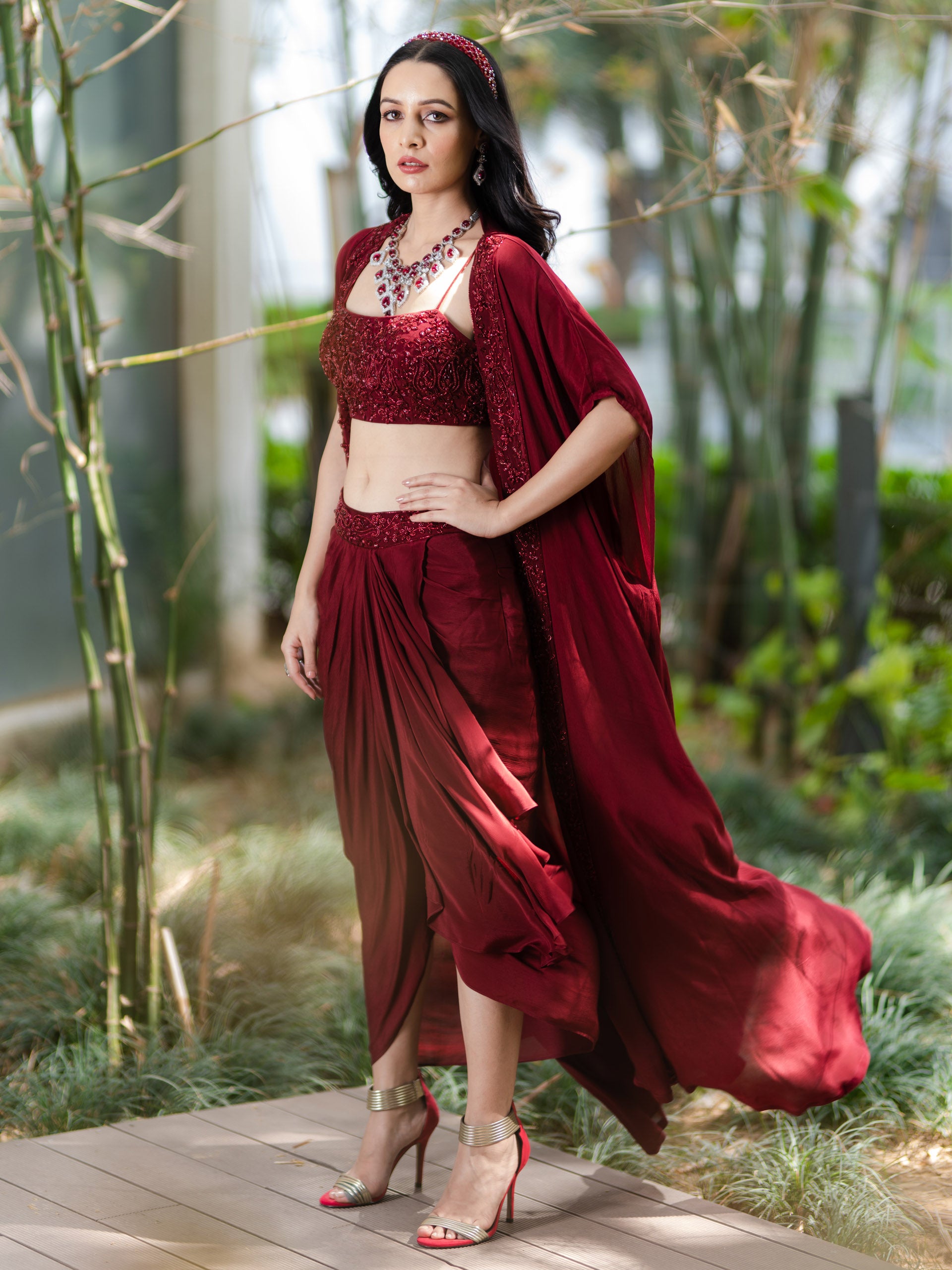 Maroon Aarna Drape Skirt Set with Cape image 0