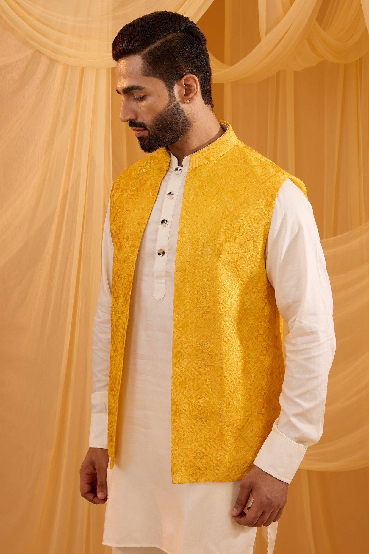 Yellow Embroidered Jacket Kurta Set image 1