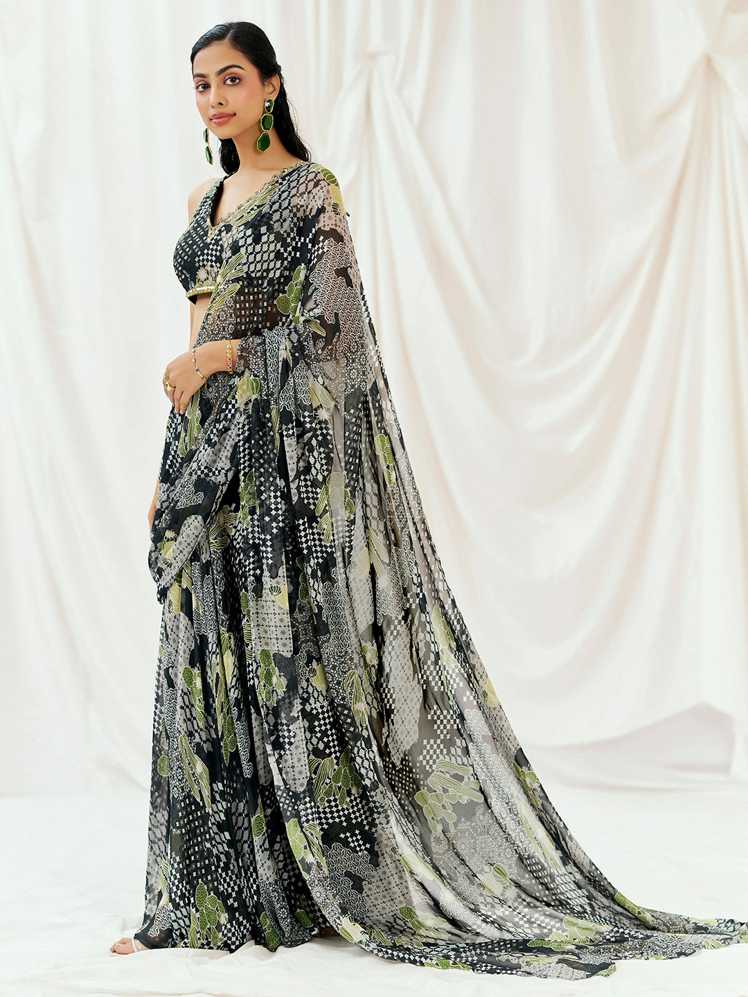 Black Printed Embroidered Drape Saree Set image 3