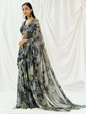 Black Printed Embroidered Drape Saree Set image 3