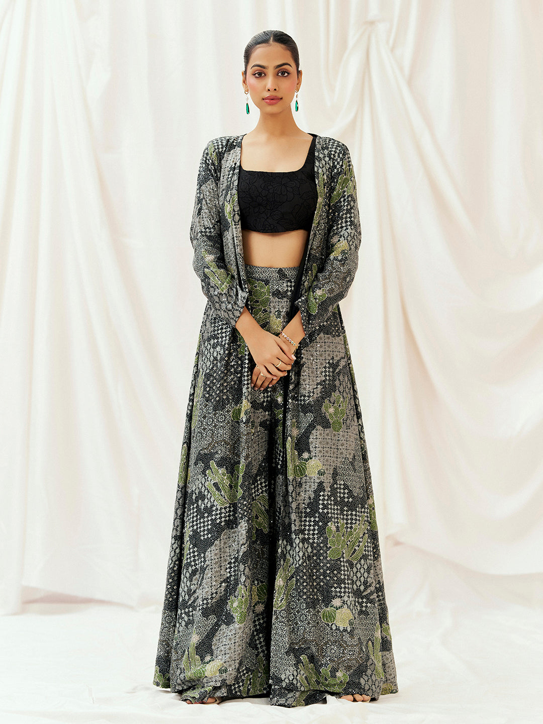 Black Printed Embroidered Long Jacket Sharara Set image 6