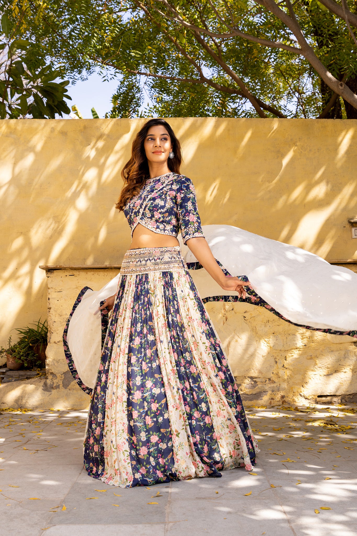 Navy Blue &amp; Off-White Floral Georgette Crepe Embroidered Lehenga Set image 2