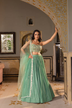 Green Georgette Crepe Sequins Embroidered Lehenga Set image 6