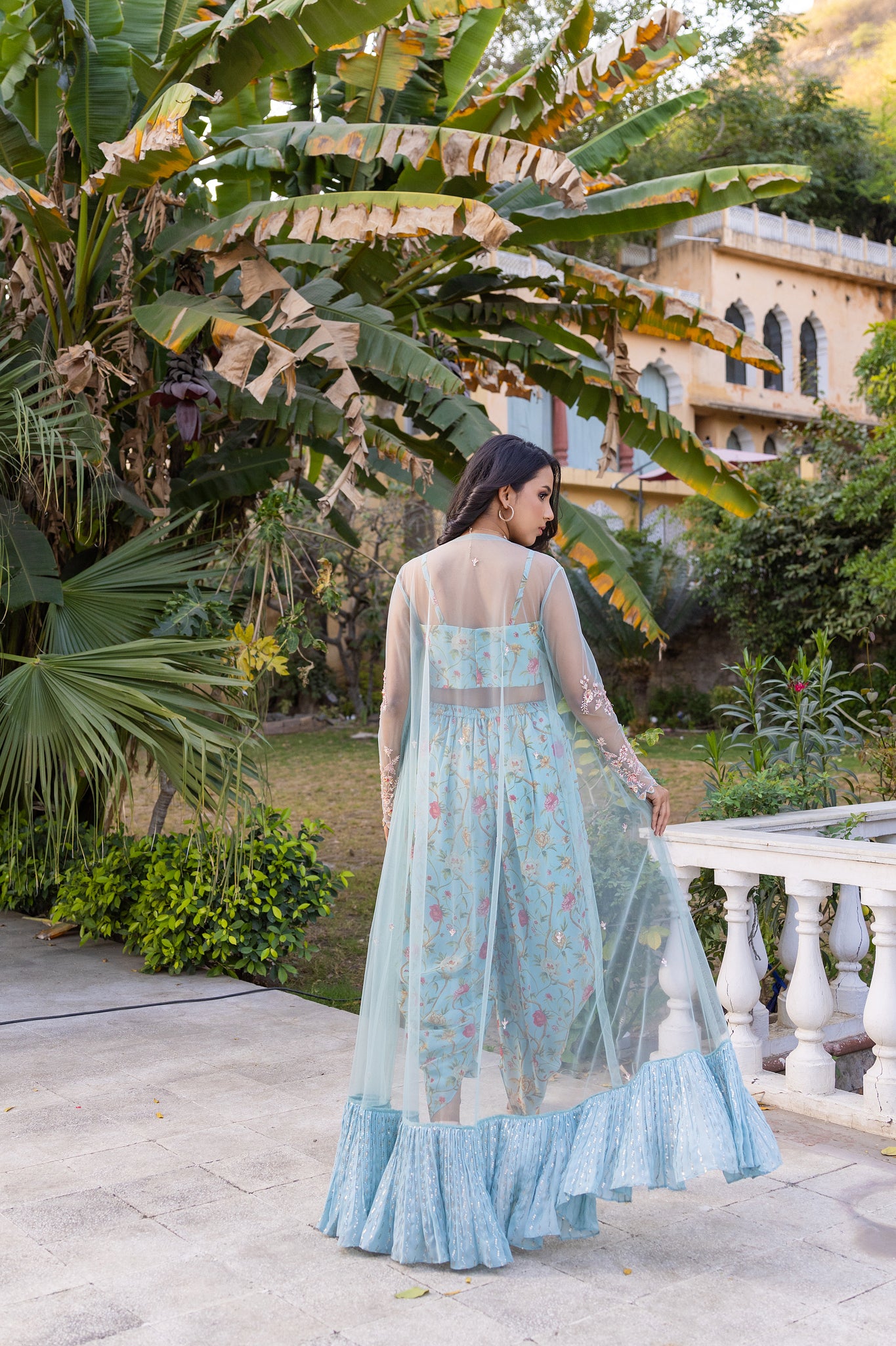 Light Blue Floral Georgette Hand Embroidered Jacket Set image 1