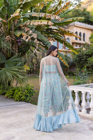 Light Blue Floral Georgette Hand Embroidered Jacket Set image 1