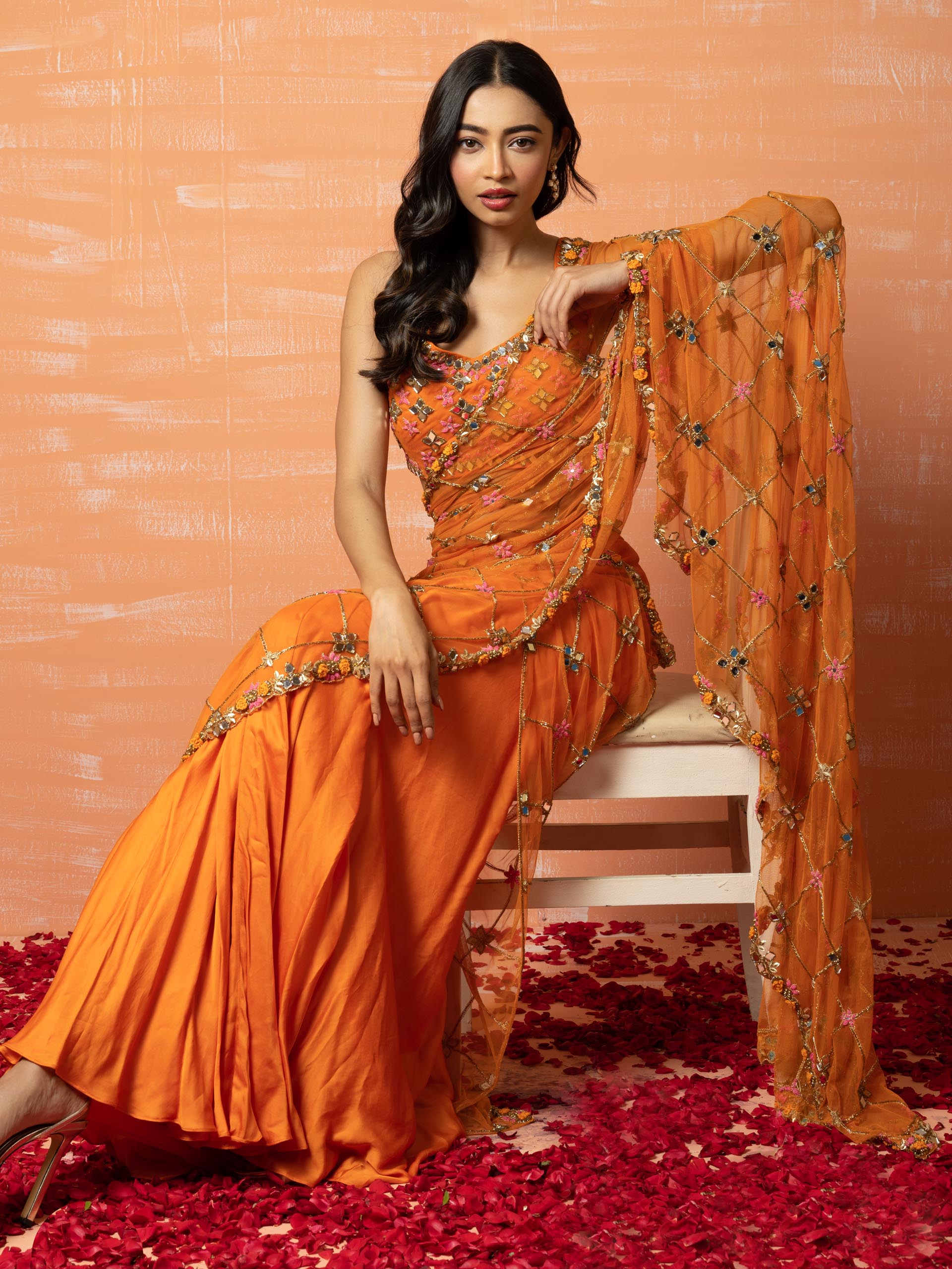 Orange Mirror Prestitched Saree Set image 2