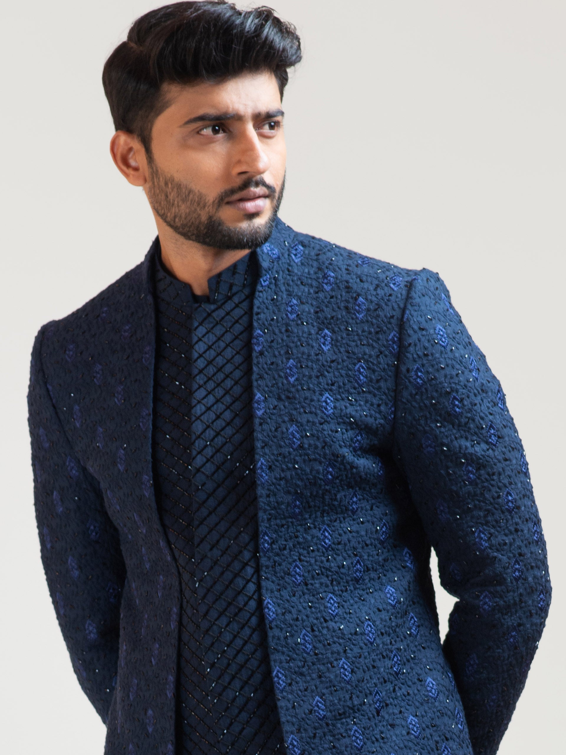 Navy Blue Leaf Open Achkan Coat Set image 1