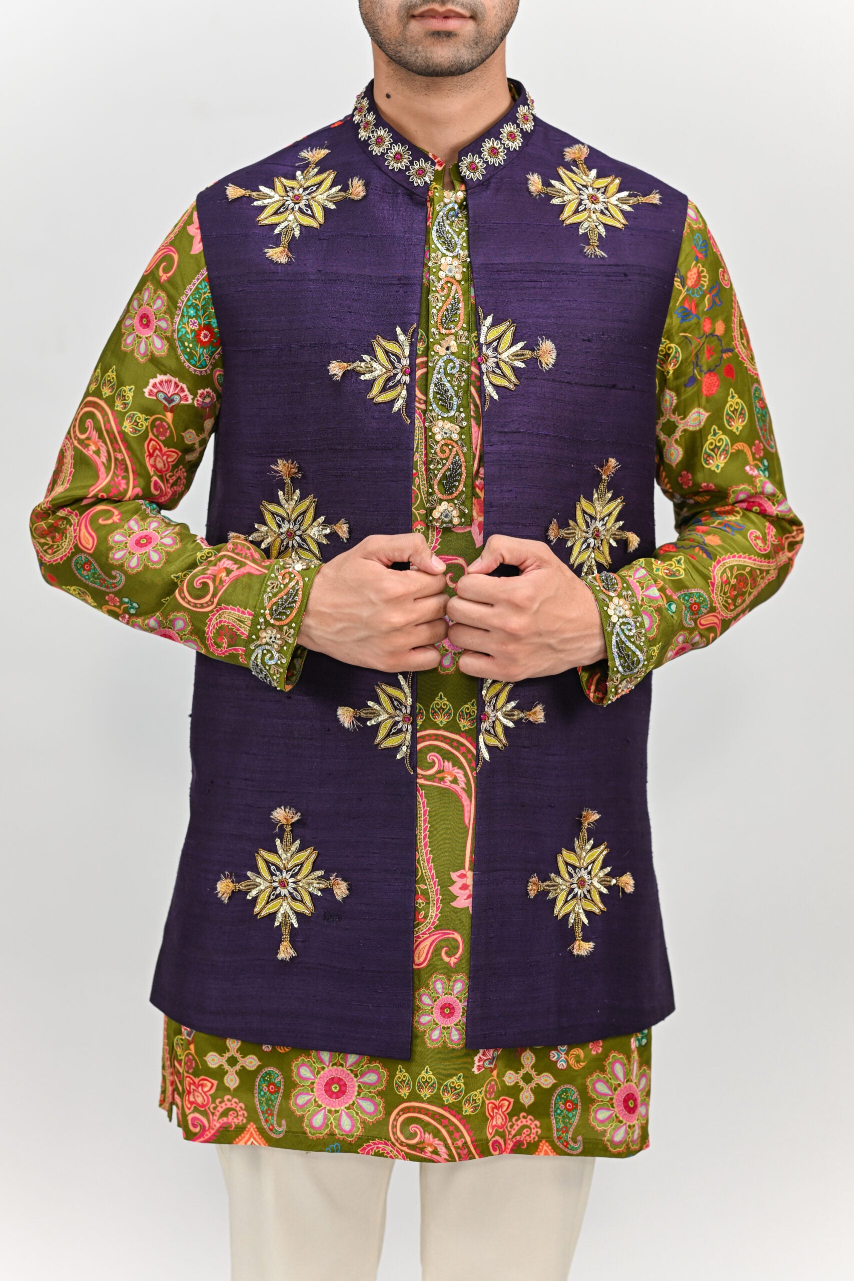 Olive Kurta Paired With Embroidered Half Jacket Pant Set image 1