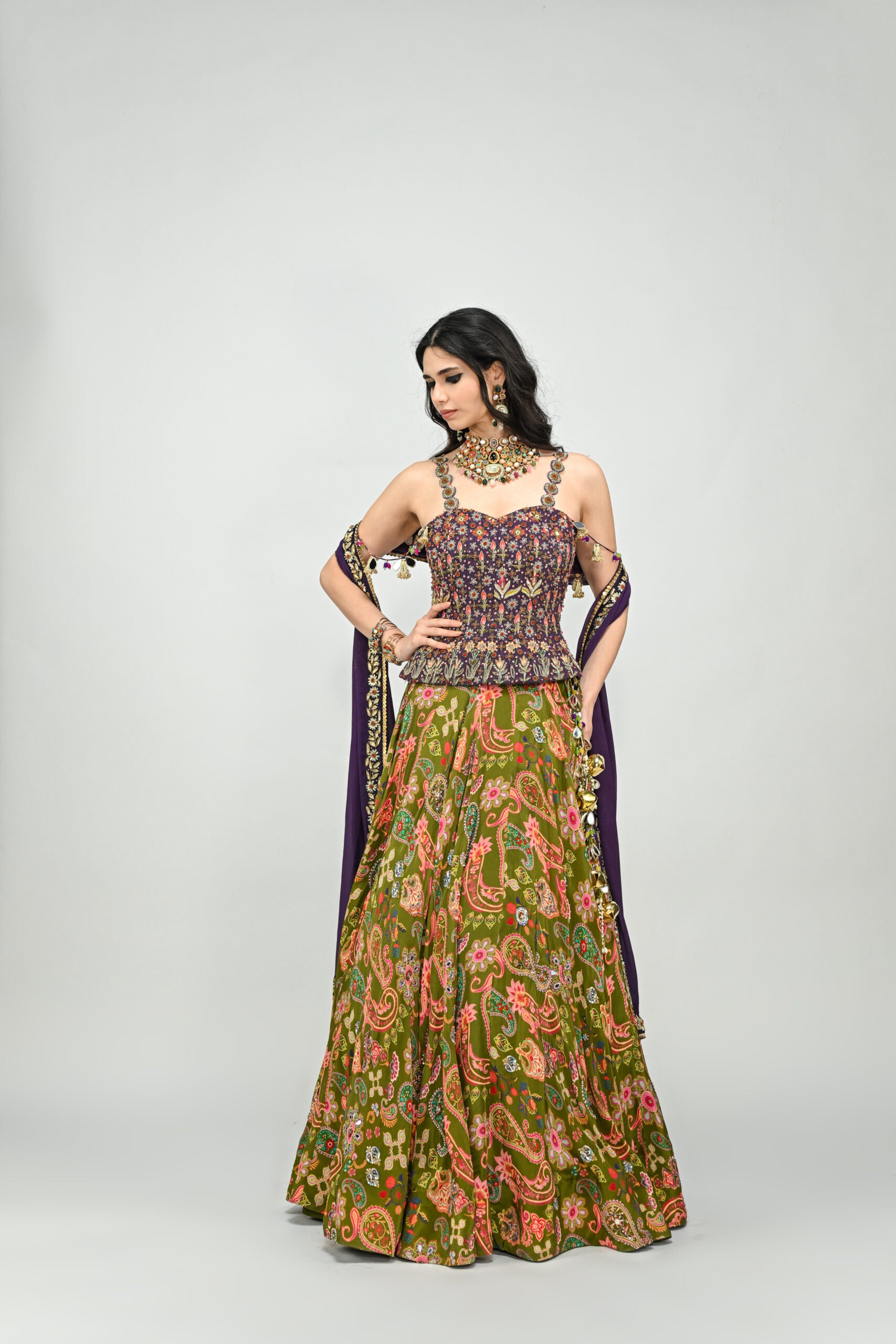 Olive Highlihted Lehenga Paired With Plum Embroidered Badla Corset (with dupatta) image 1