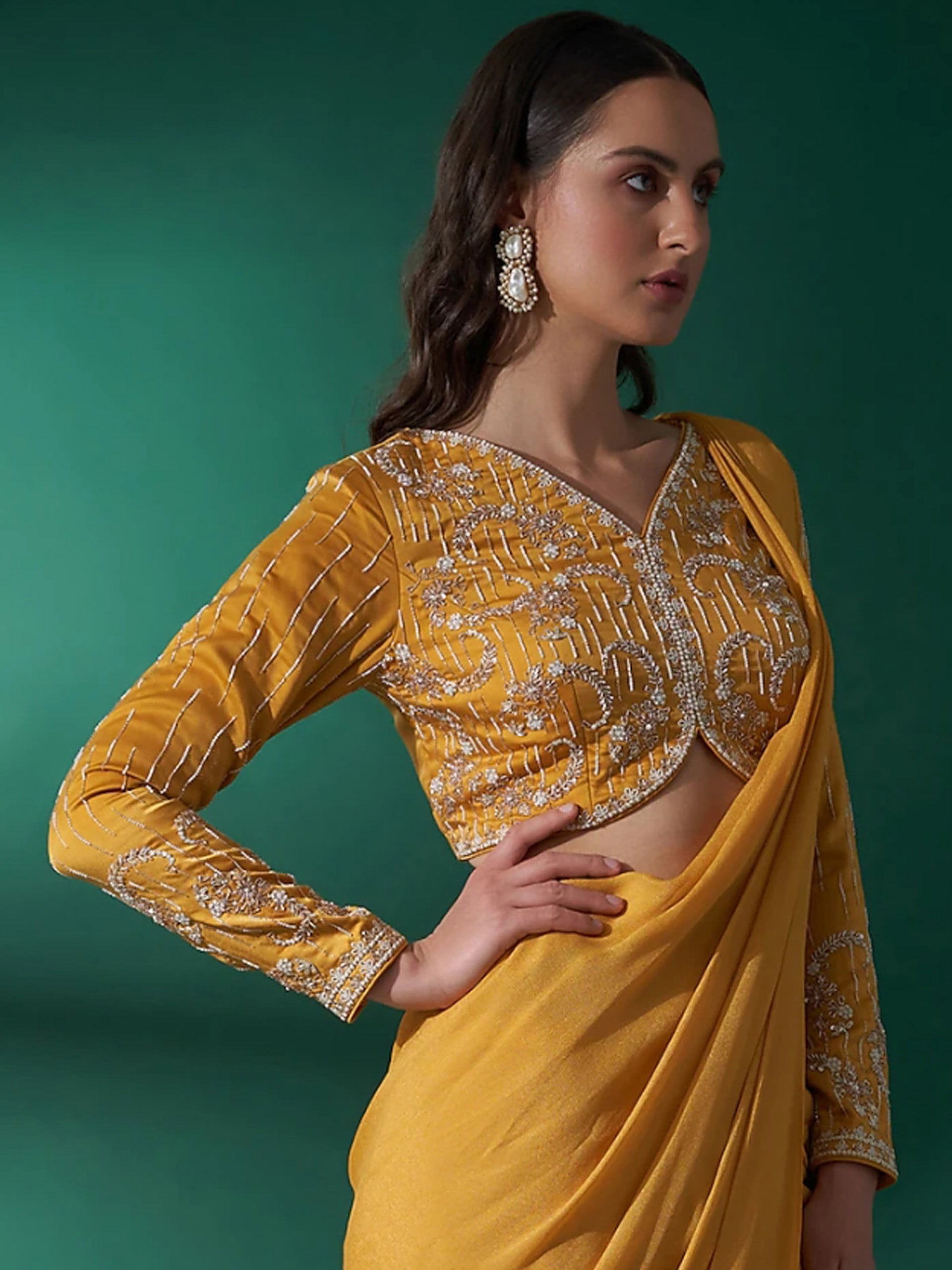 Mustard Yellow Pre Draped Saree Set image 1
