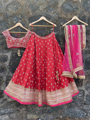 Red and Pink Bridal Lehenga image 5