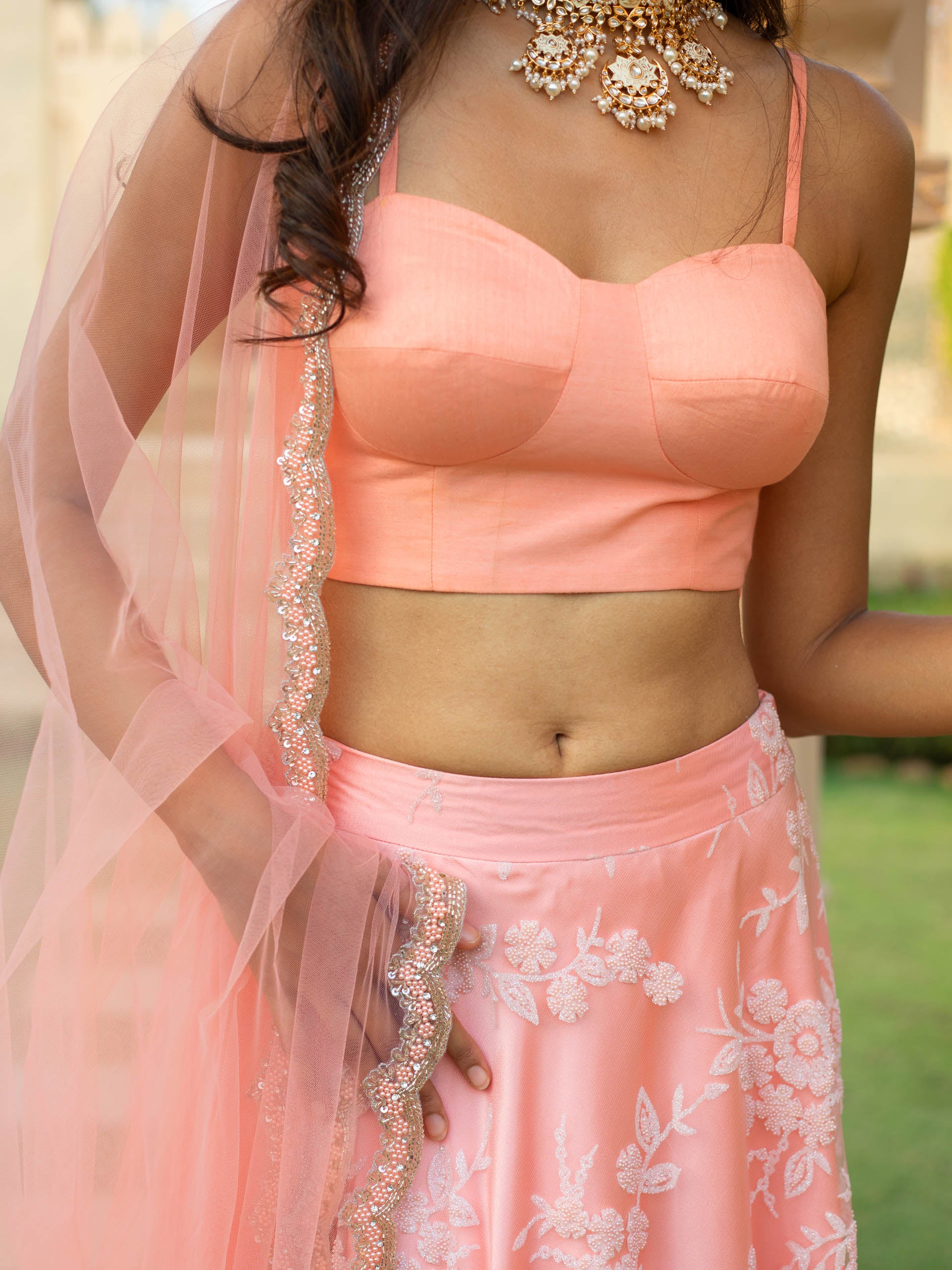 Peach Floral Bead Lehenga Set with Peach Bustier image 4
