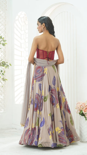 Mauve hand painted lehenga and floral corset set image 2