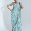 Pre Drape Light Blue Ruffle Saree Set image 0
