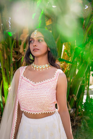 White &amp; Pink Georgette Thread Embroidered Lehenga Set image 8