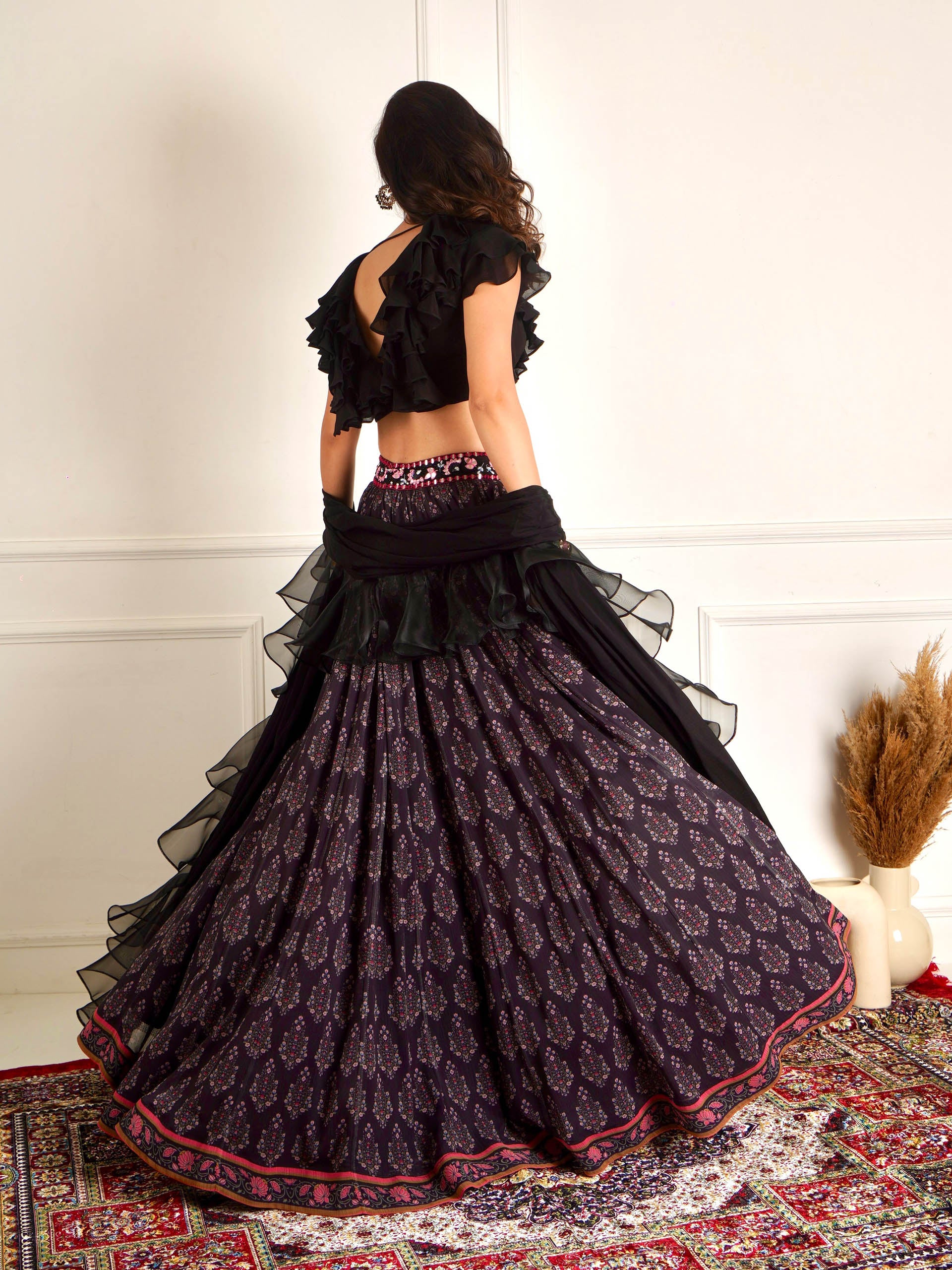 Black Imaara Printed Lehenga Set image 6