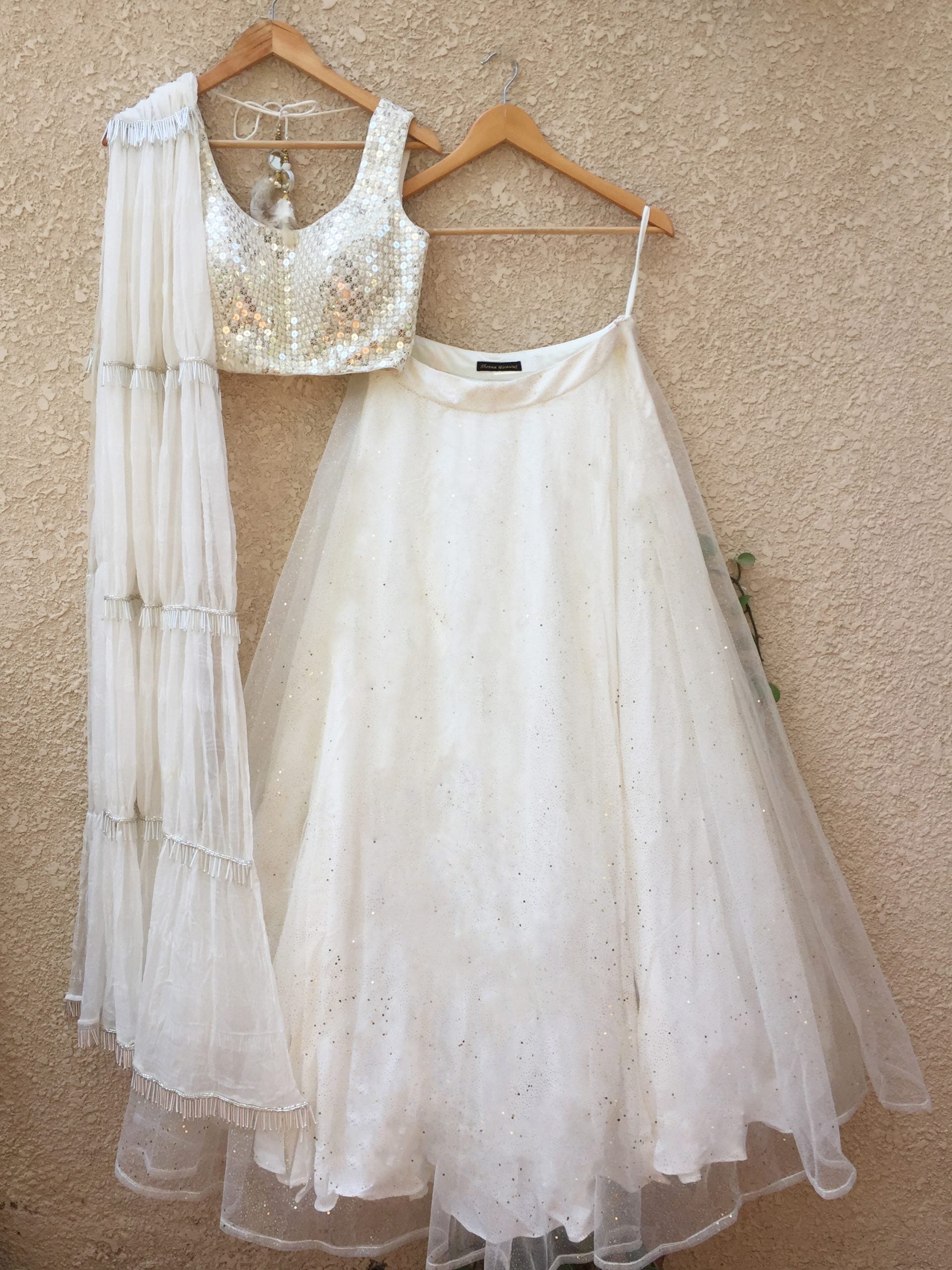 White Lehenga with White Chiffon Fringe Dupatta image 0