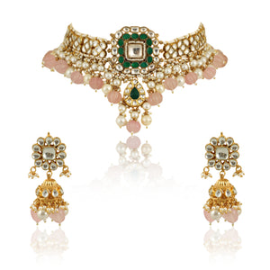 Green And White Choker Necklace Set With Pearls image 5