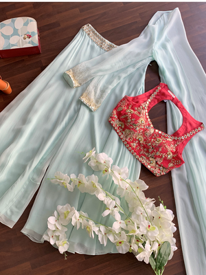 Sea Green And Red Palazzo Set - M image