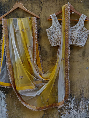 Ivory Butti Georgette Lehenga Set with Yellow Shaded Dupatta image 2