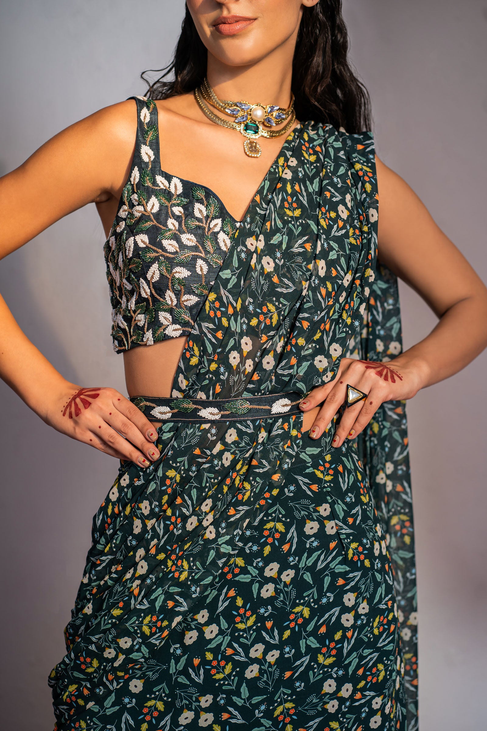 Royal Green Printed And Embroidered Drape Saree Set image 2