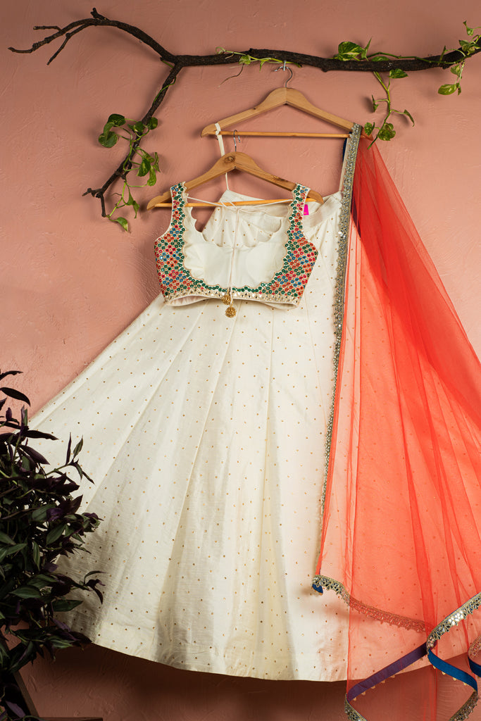 Ivory Kaleidoscope Dream Blouse with Ivory Stonework Lehenga and Red Dupatta image 2