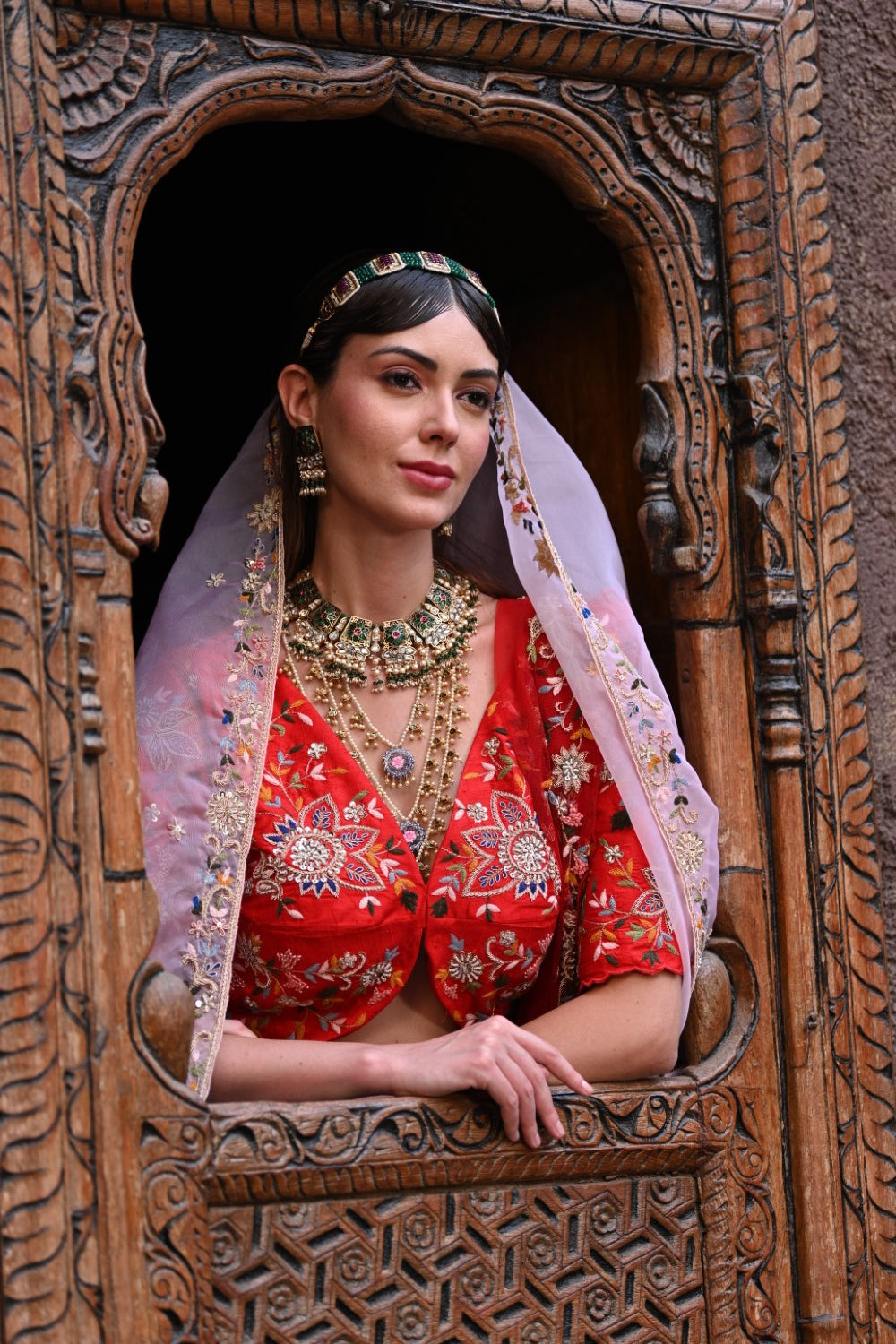 Red Peacock Embroidered Bridal Lehenga Set image 1