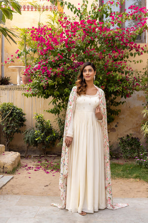 Off White Embroidered Yoke Anarkali Set image 1