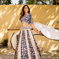 Navy Blue &amp; Off-White Floral Georgette Crepe Embroidered Lehenga Set image 0