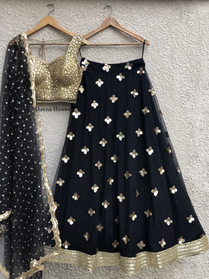 Gold Handmade Mirror Work Blouse with Black Gold Lehenga - M image