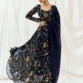 Navy Blue Printed Embroidered Anarkali Set with Dupatta image 0