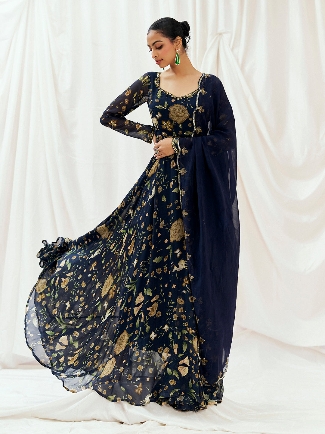 Navy Blue Printed Embroidered Anarkali Set with Dupatta image 0