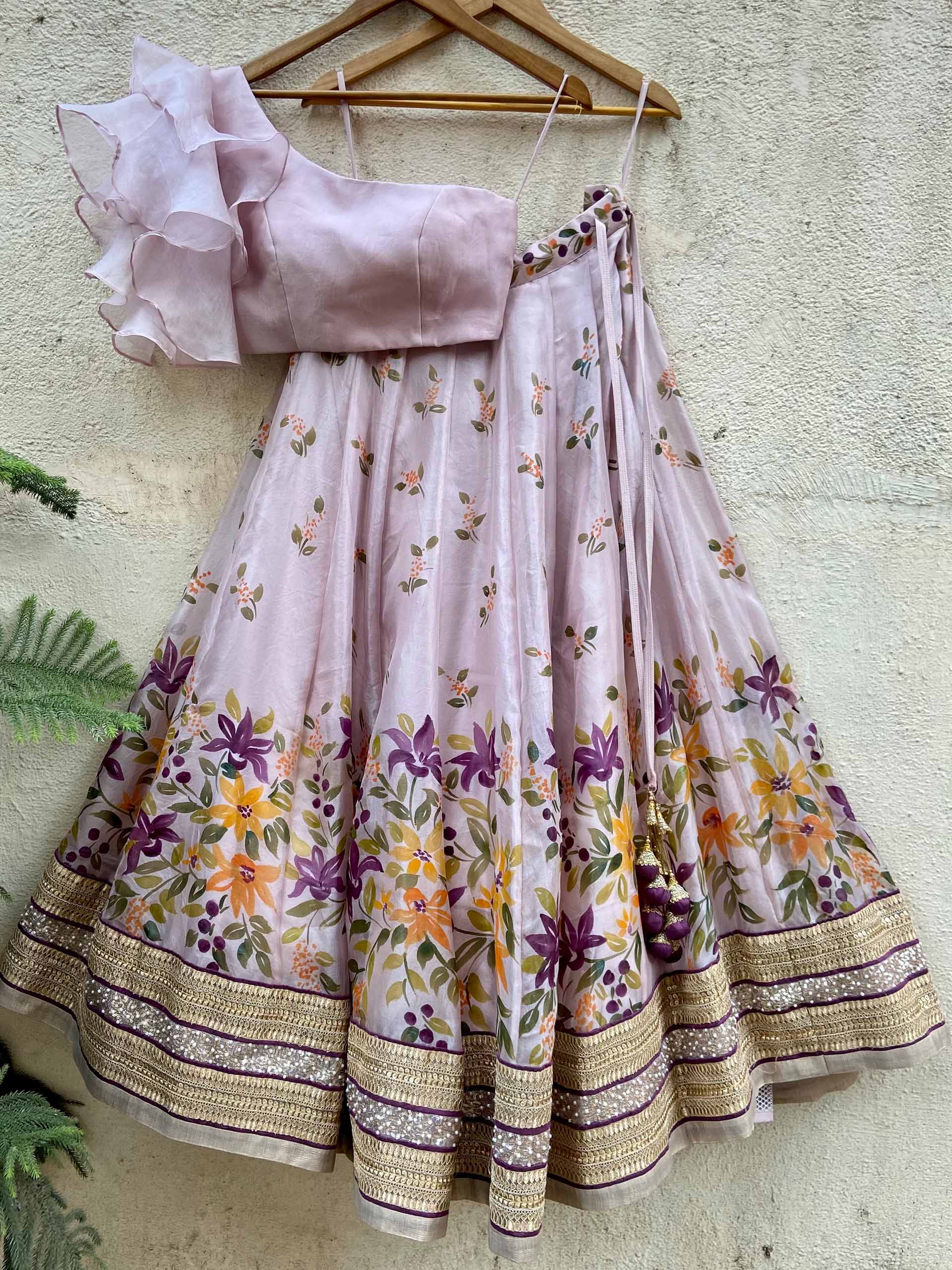 One-Shoulder Ruffle Lehenga Set - XL image
