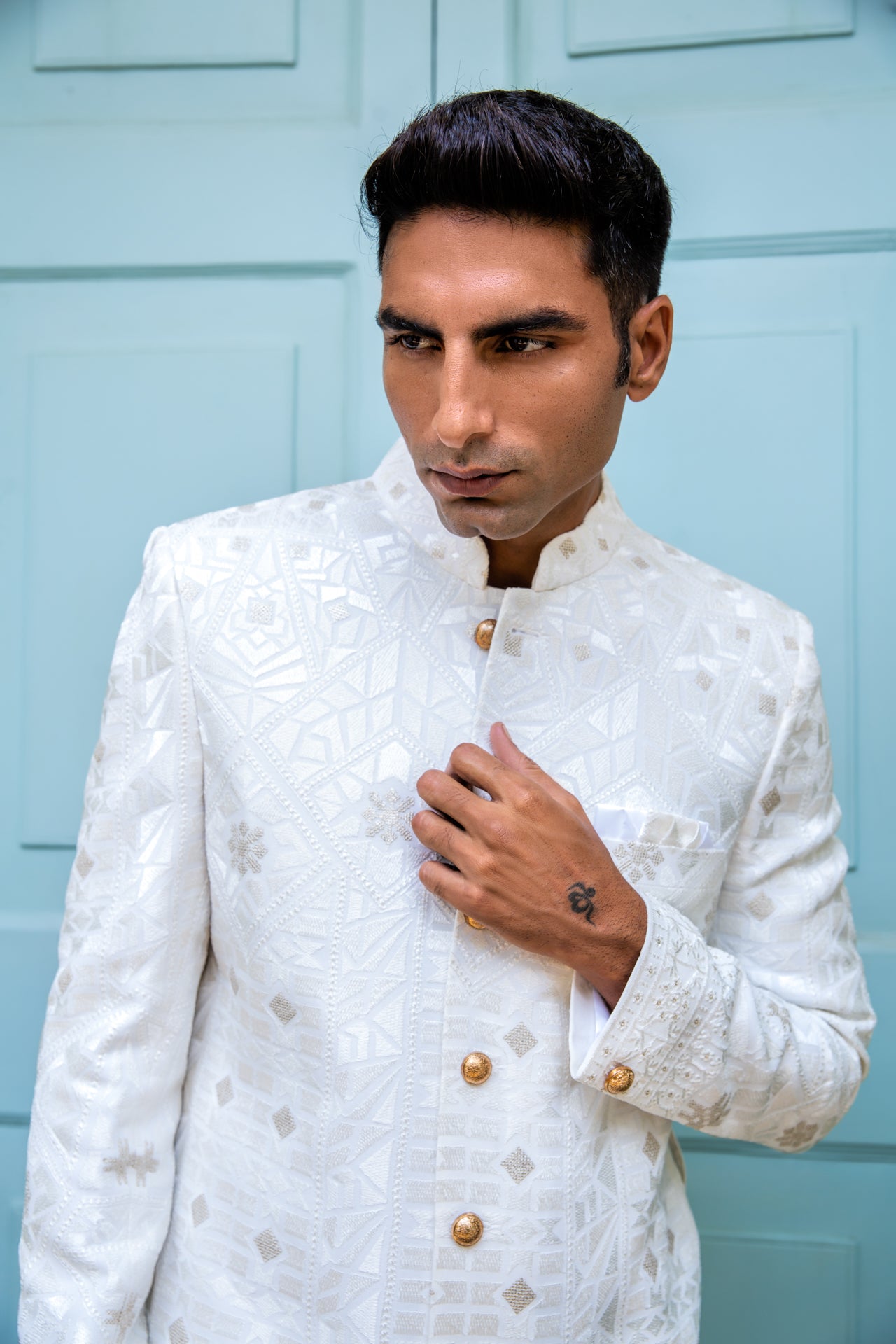 White Lucknowi Embroidered Sherwani Set image 1