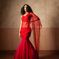 Fish Style Red & Fuschia Pink Coloured Hand Embroidered Net and  Georgette Fishtail Saree image 0