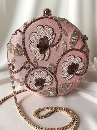 Pink Round Embroidered Clutch image 0