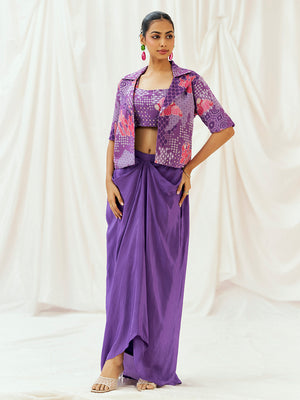 Violet Printed Embroidered Drape Skirt Set with Jacket - Custom image
