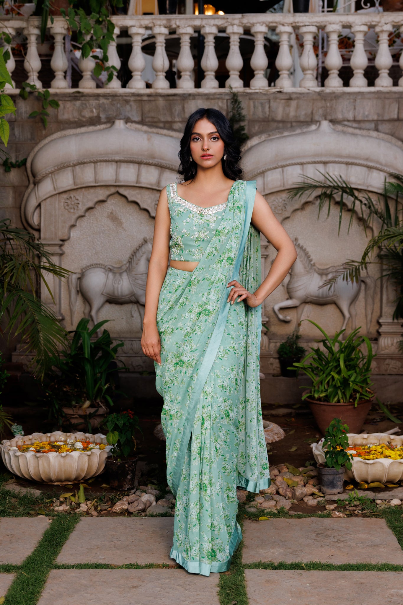 Powder Green Pre-Draped Saree - XL image