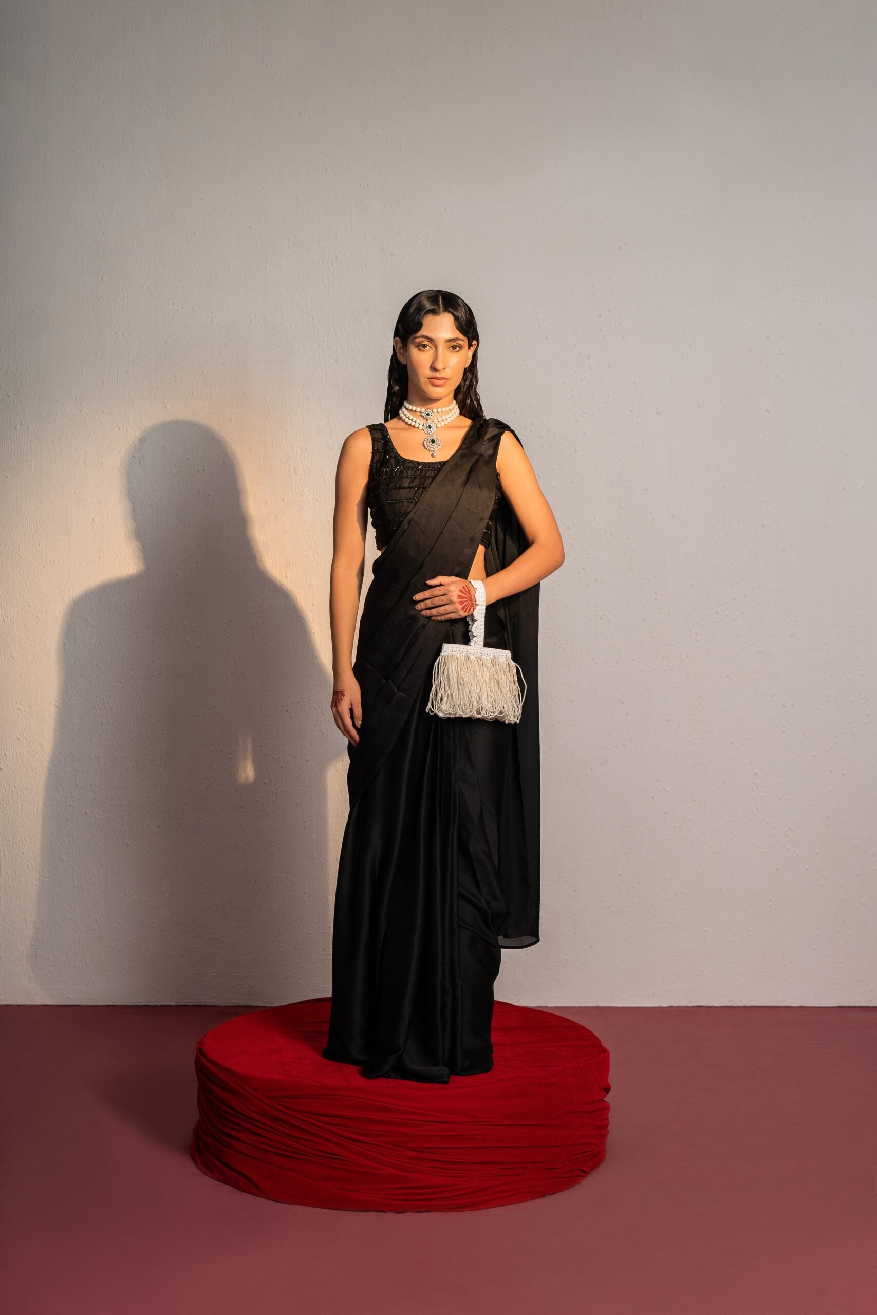 Black Embroidered Drape Saree Set image 5