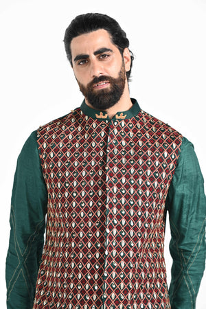 Bottle Green Jhaal Work Nehru with Zari Stitchline Detail Kurta Set image 9