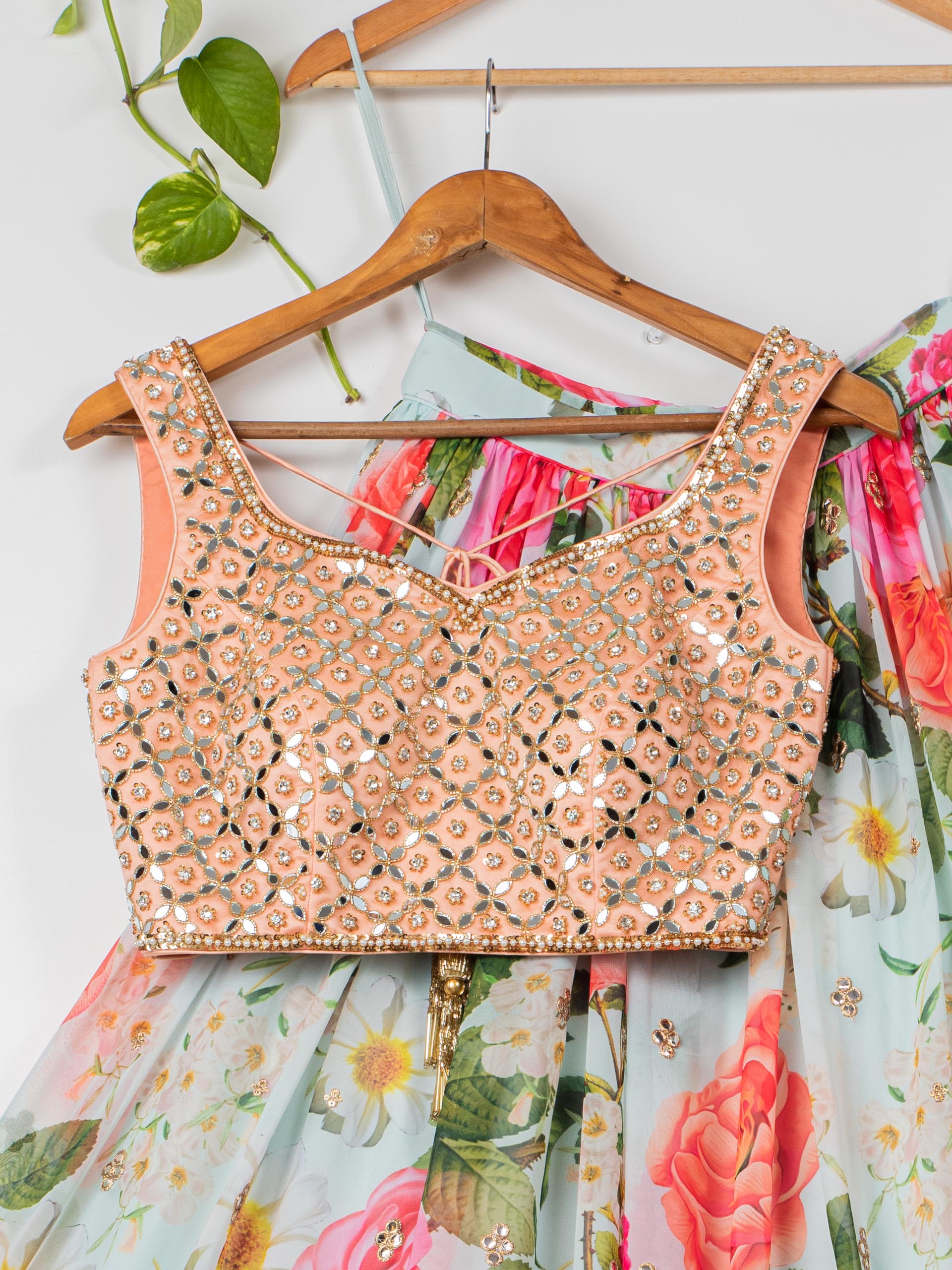 Aqua Floral Mirror Lehenga Set with Apricot Peach Blouse image 2
