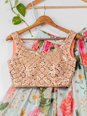 Aqua Floral Mirror Lehenga Set with Apricot Peach Blouse image 2